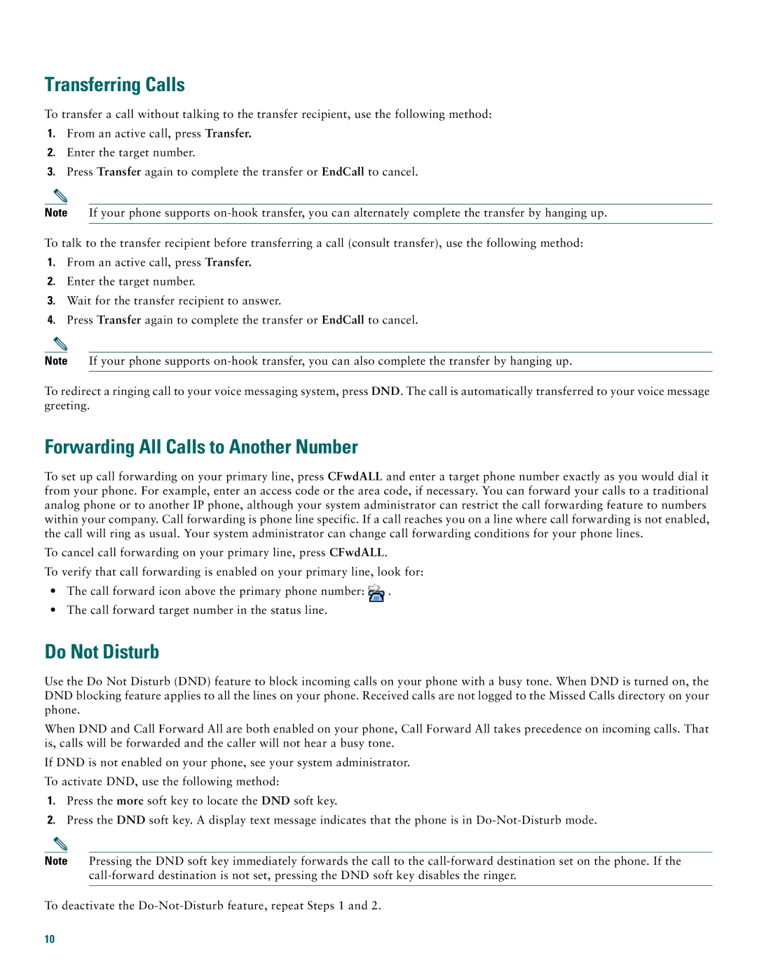 Cisco Systems 7971G, 7970G manual Transferring Calls, Forwarding All Calls to Another Number, Do Not Disturb 