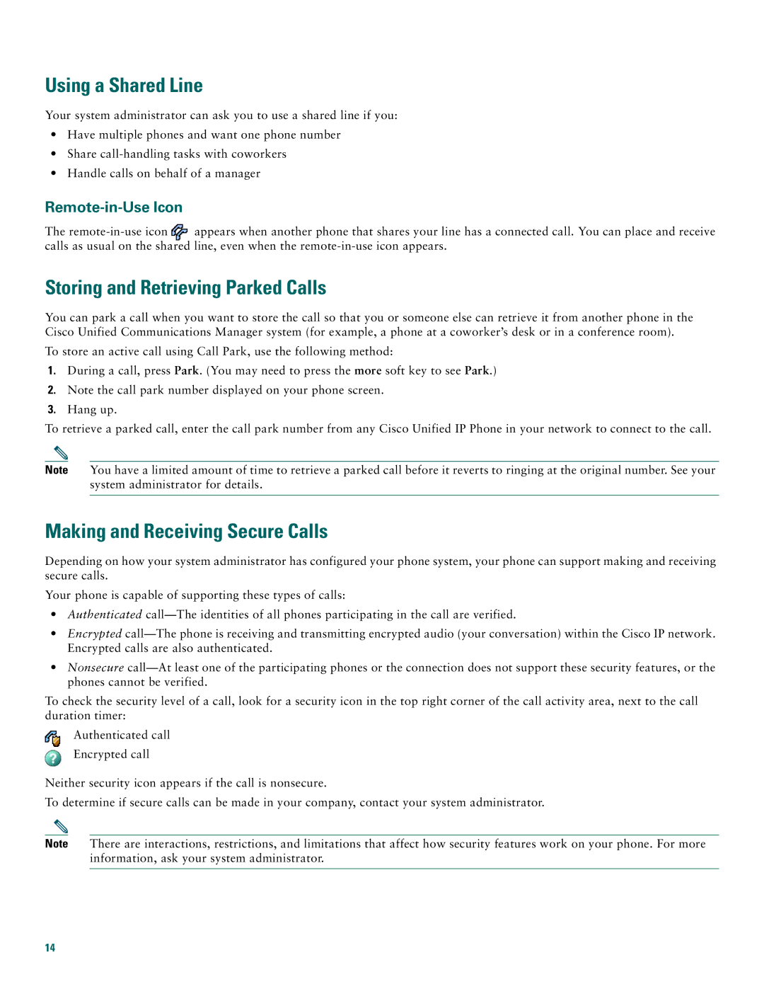 Cisco Systems 7971G, 7970G Using a Shared Line, Storing and Retrieving Parked Calls, Making and Receiving Secure Calls 