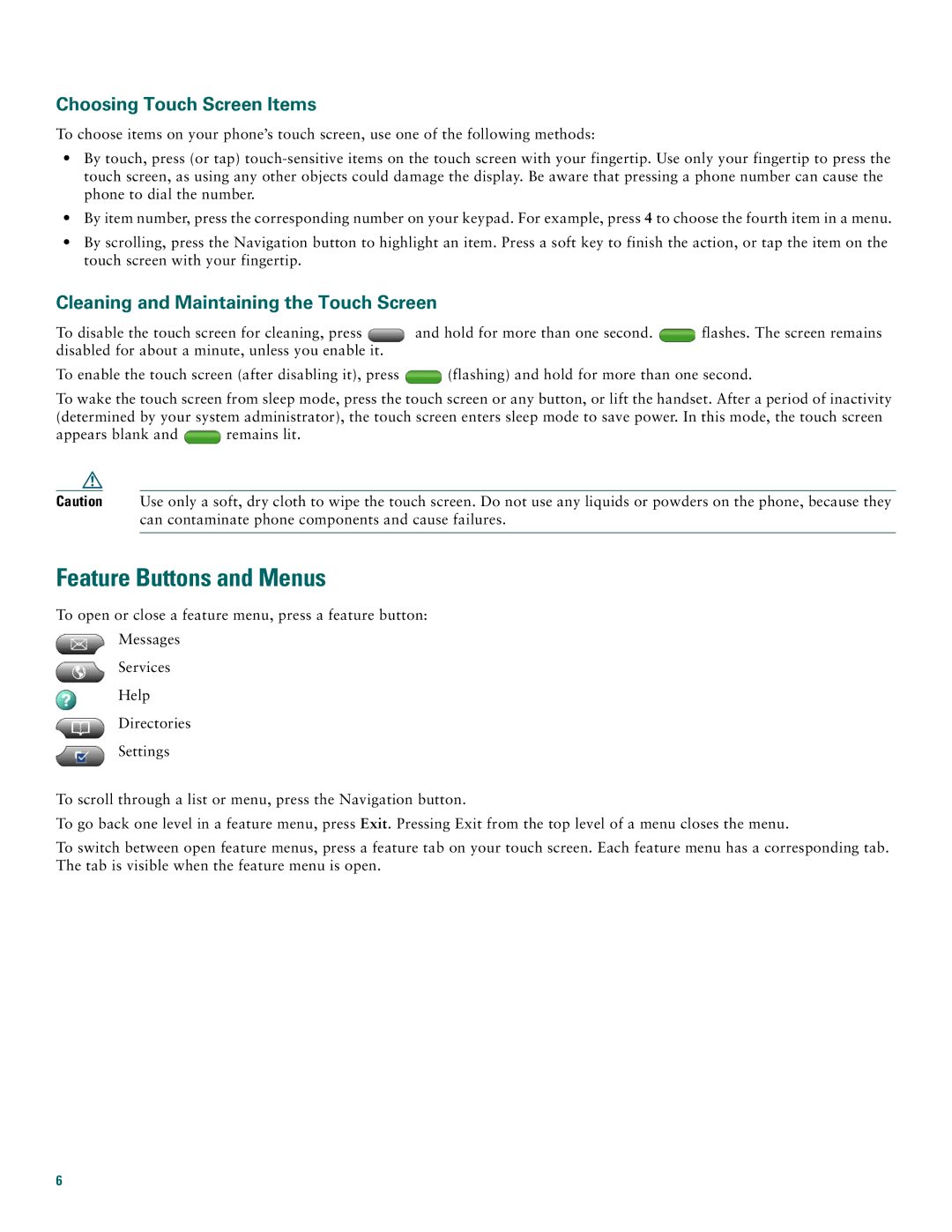 Cisco Systems 7971G Feature Buttons and Menus, Choosing Touch Screen Items, Cleaning and Maintaining the Touch Screen 