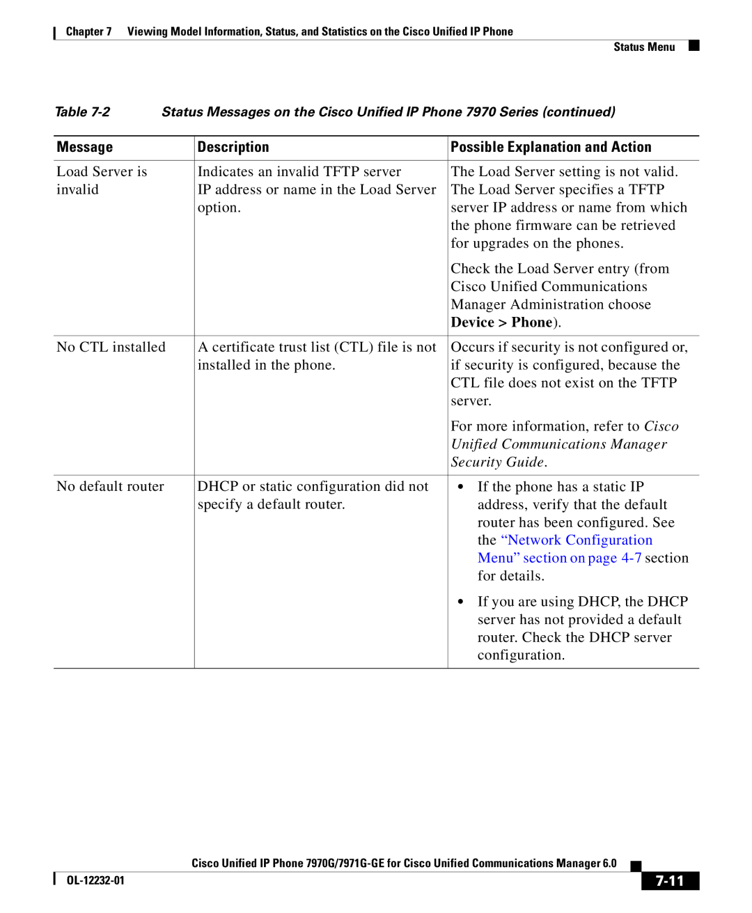 Cisco Systems 7971G-GE manual Device Phone, Menu section on page 4-7section 