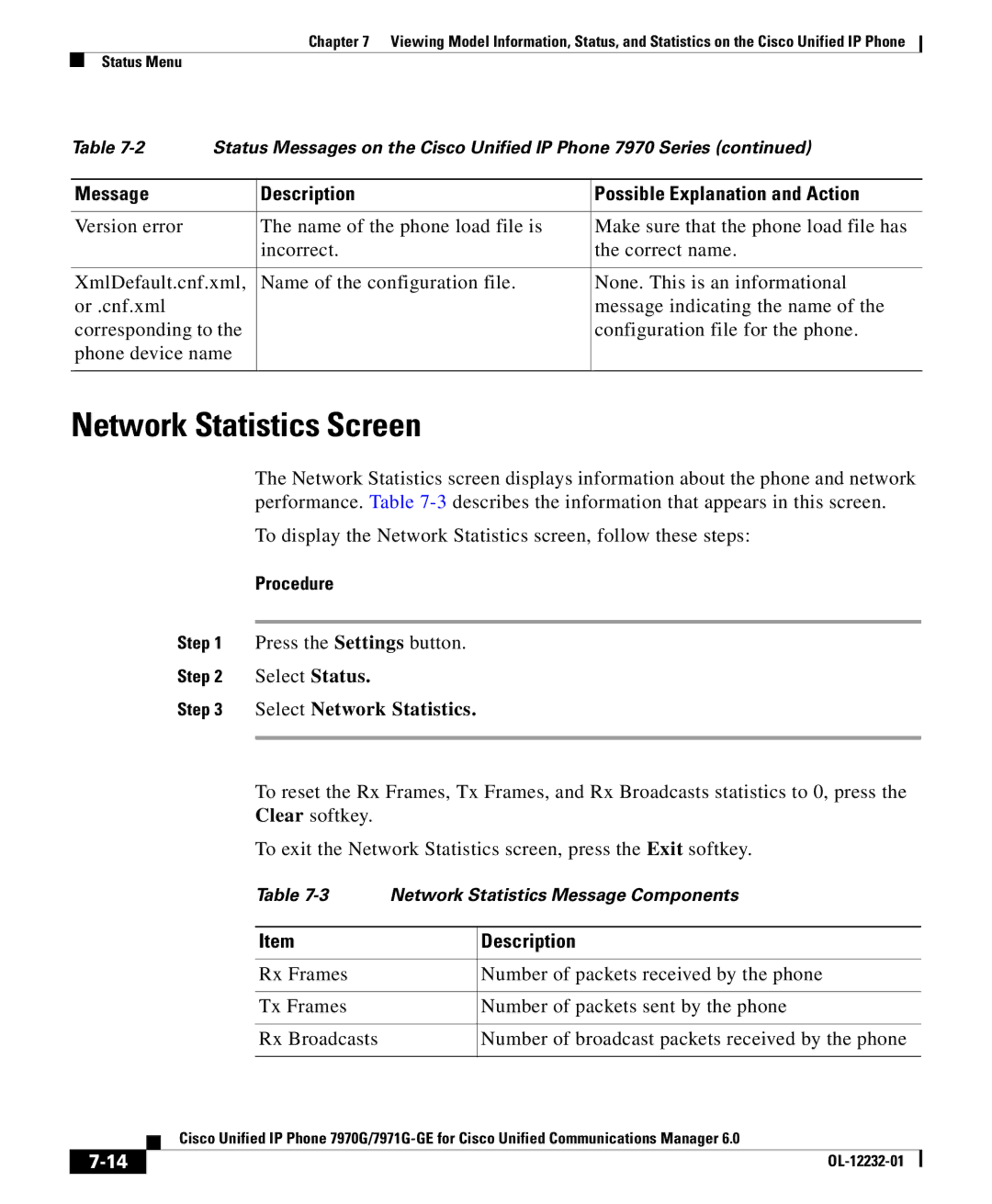 Cisco Systems 7971G-GE manual Network Statistics Screen, Select Network Statistics 