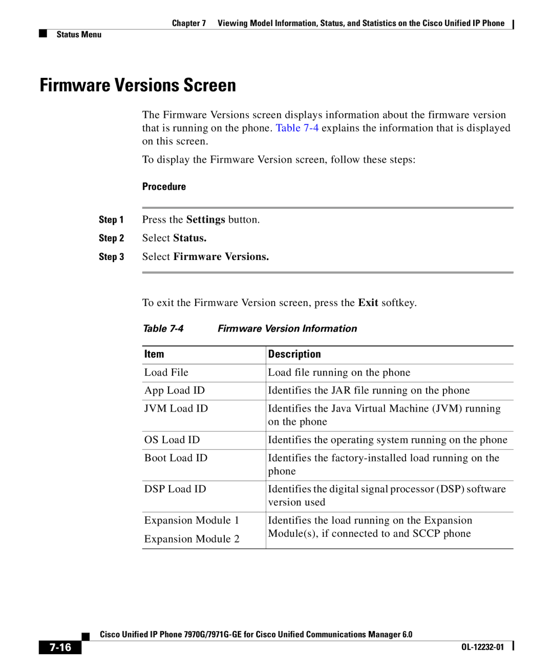 Cisco Systems 7971G-GE manual Firmware Versions Screen, Select Firmware Versions 