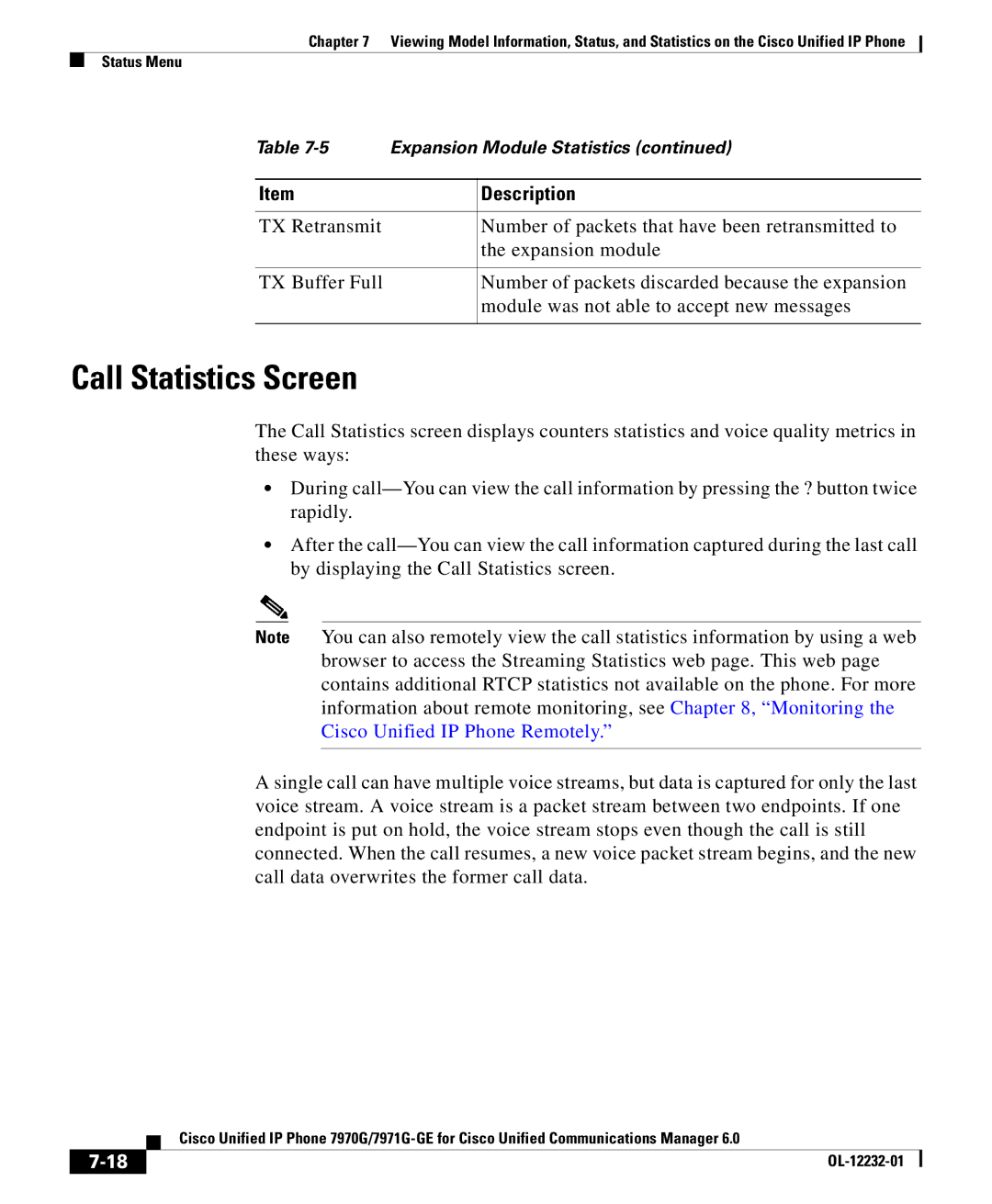 Cisco Systems 7971G-GE manual Call Statistics Screen 