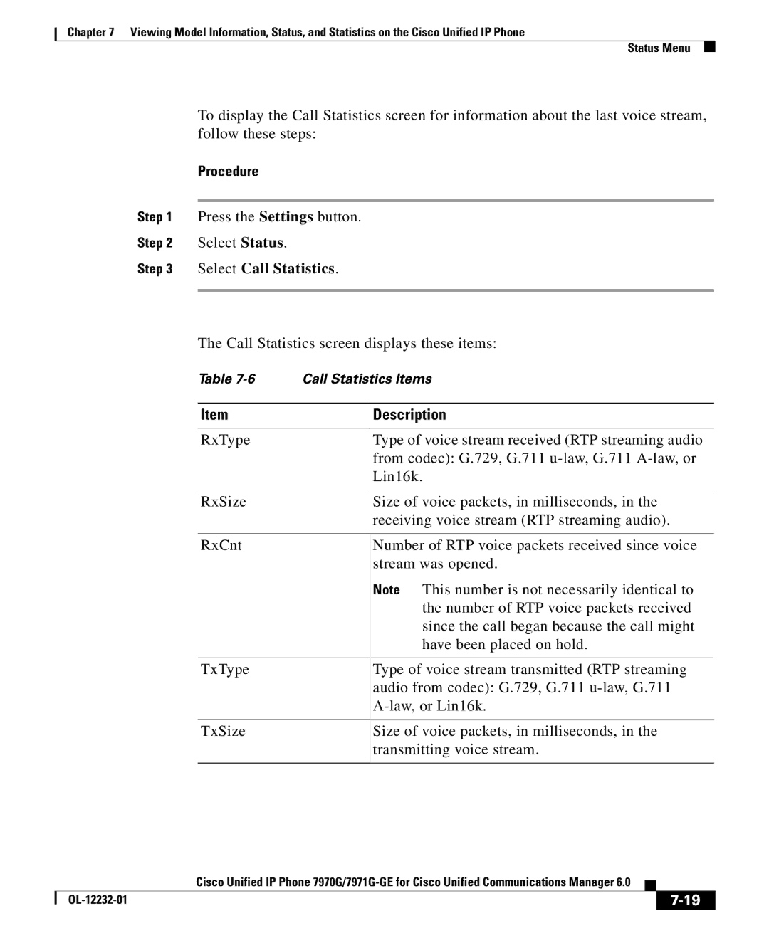 Cisco Systems 7971G-GE Press the Settings button Select Status, Select Call Statistics, RxType RxSize RxCnt TxType TxSize 