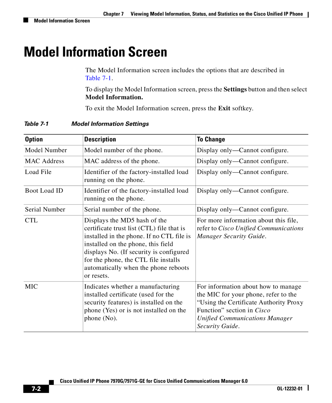 Cisco Systems 7971G-GE manual Model Information, Ctl, Installed in the phone. If no CTL file is, Mic 