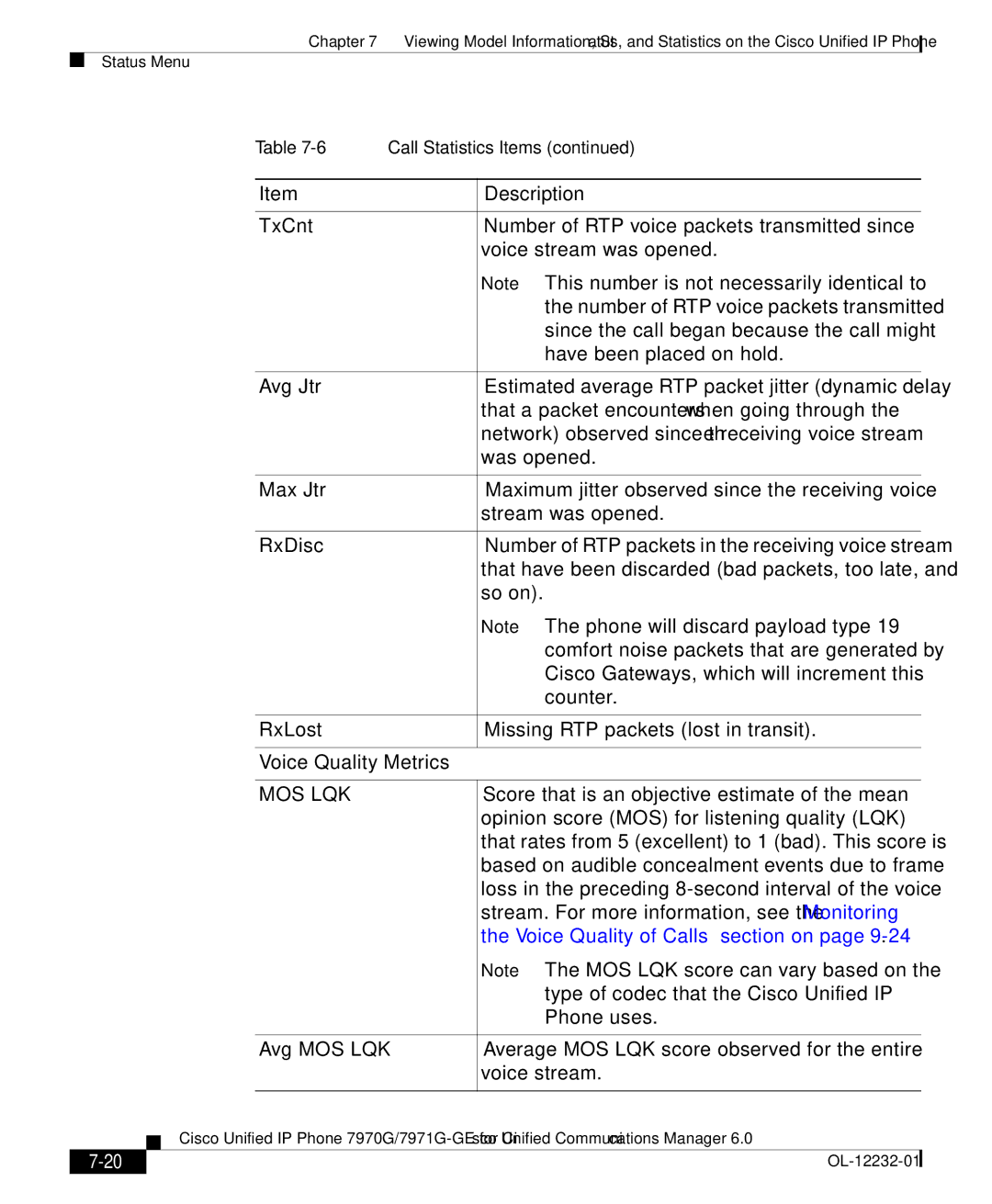 Cisco Systems 7971G-GE manual Voice Quality Metrics, Mos Lqk, Voice Quality of Calls section on 