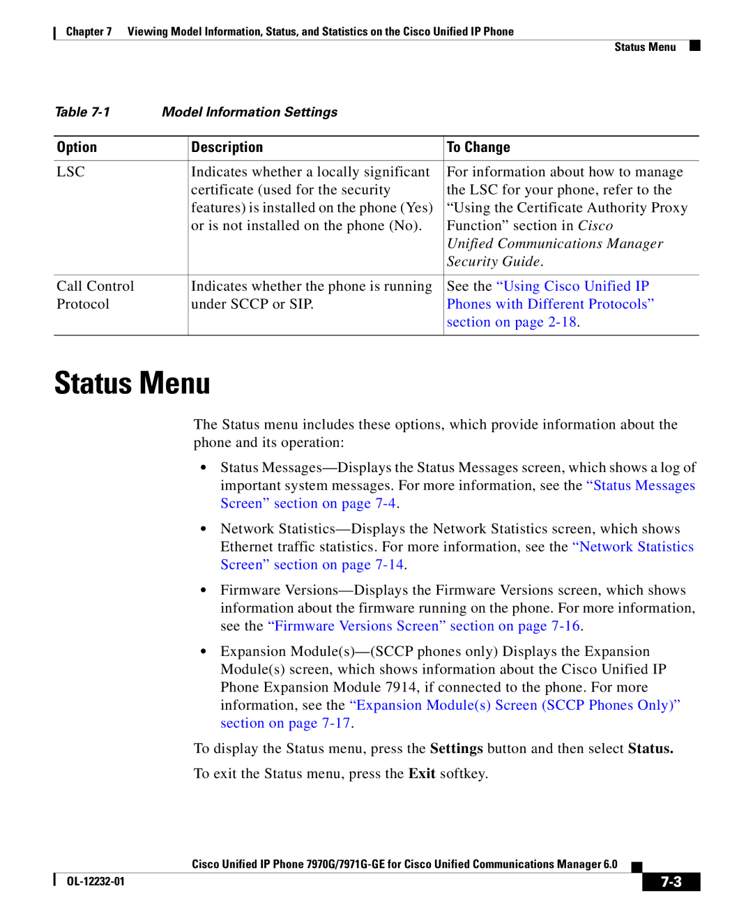 Cisco Systems 7971G-GE manual Lsc, Call Control Indicates whether the phone is running, See the Using Cisco Unified IP 