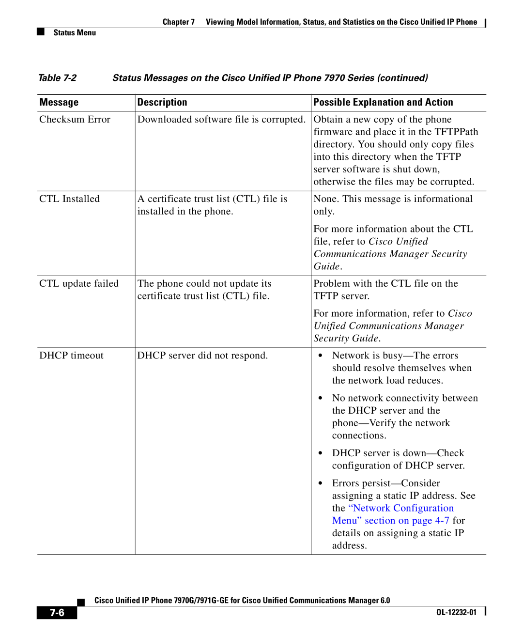 Cisco Systems 7971G-GE manual Network Configuration, Menu section on page 4-7for, Details on assigning a static IP, Address 