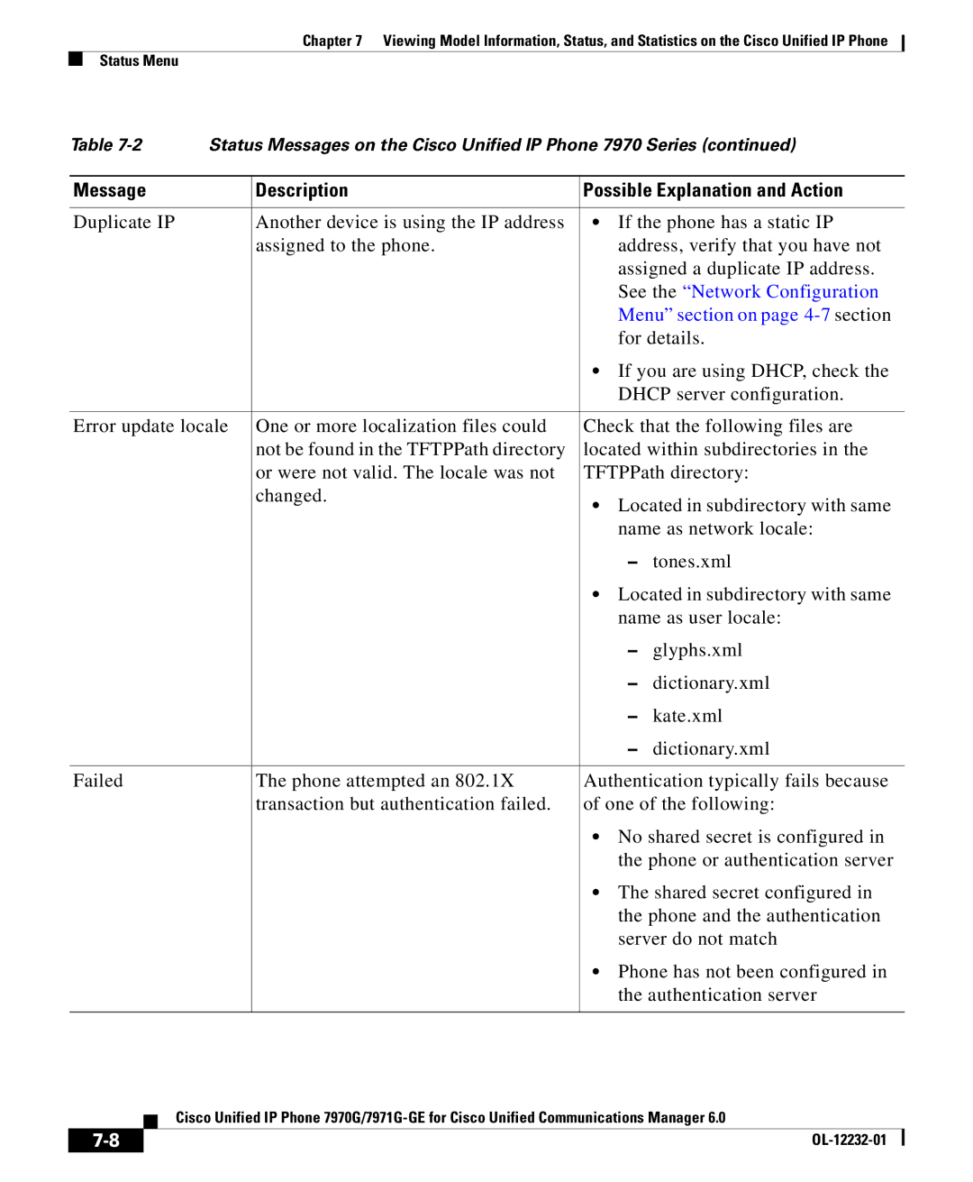 Cisco Systems 7971G-GE manual See the Network Configuration, Menu section on page 4-7 section, For details 