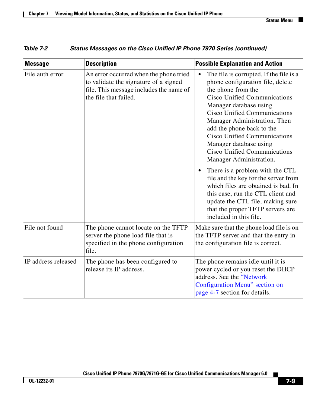 Cisco Systems 7971G-GE manual Configuration Menu section on, 4-7section for details 