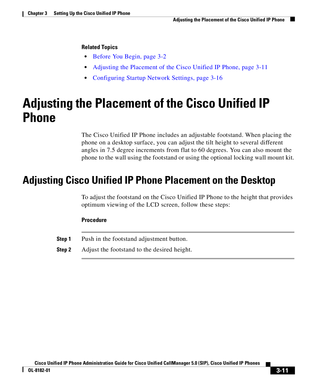 Cisco Systems 7971G manual Adjusting the Placement of the Cisco Unified IP Phone, Related Topics, Procedure 