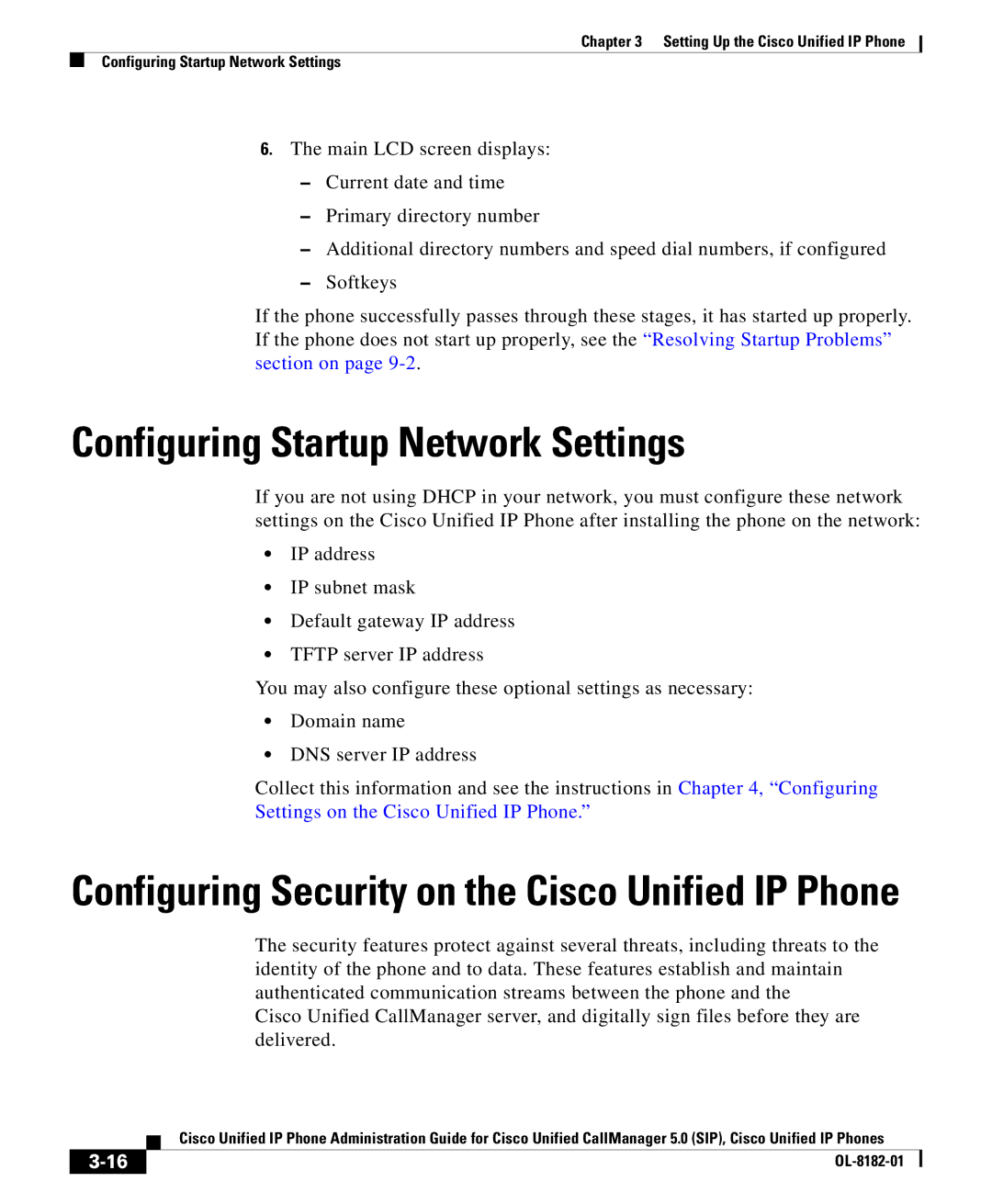 Cisco Systems 7971G manual Configuring Startup Network Settings, Configuring Security on the Cisco Unified IP Phone 