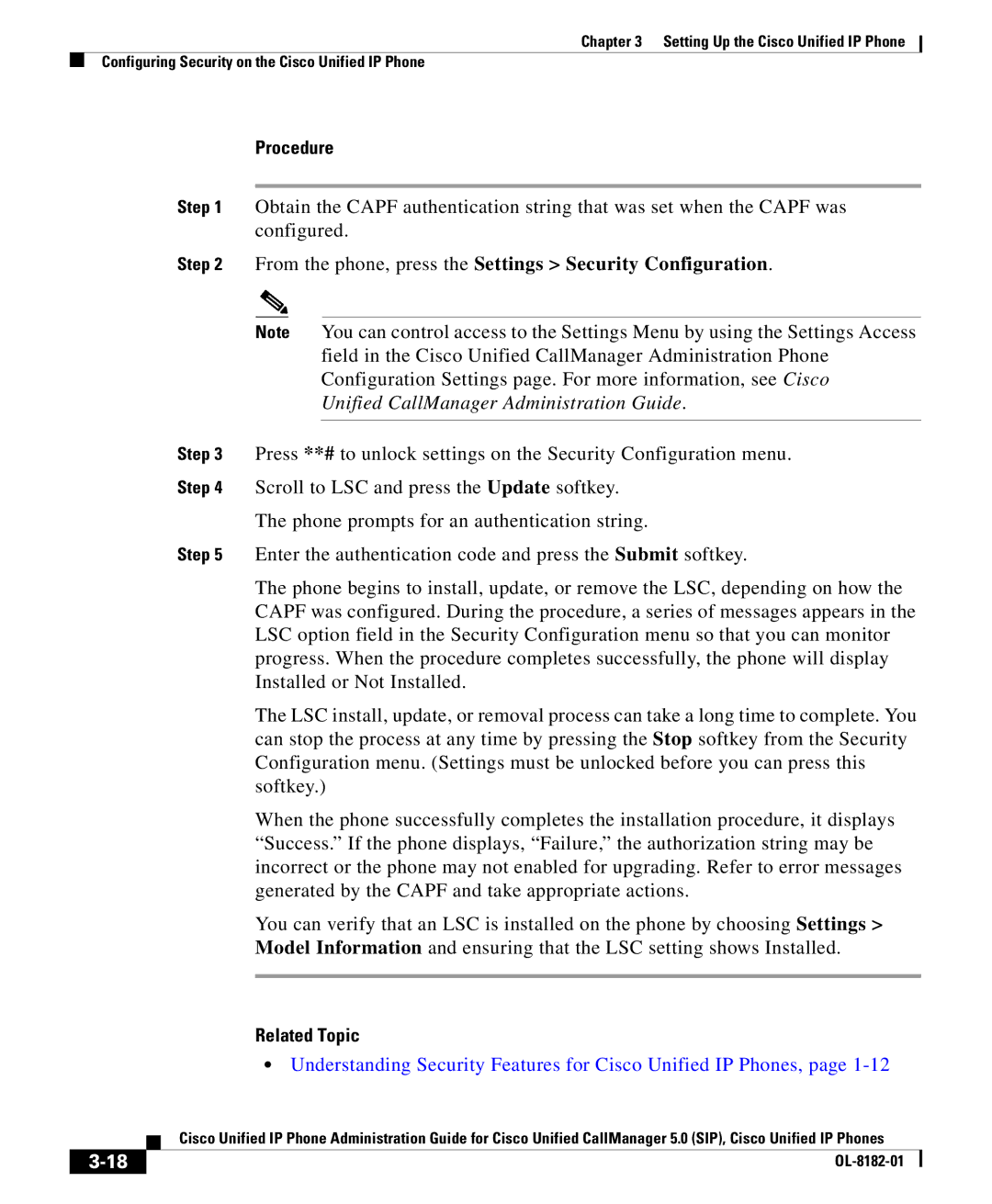 Cisco Systems 7971G manual From the phone, press the Settings Security Configuration, Related Topic 