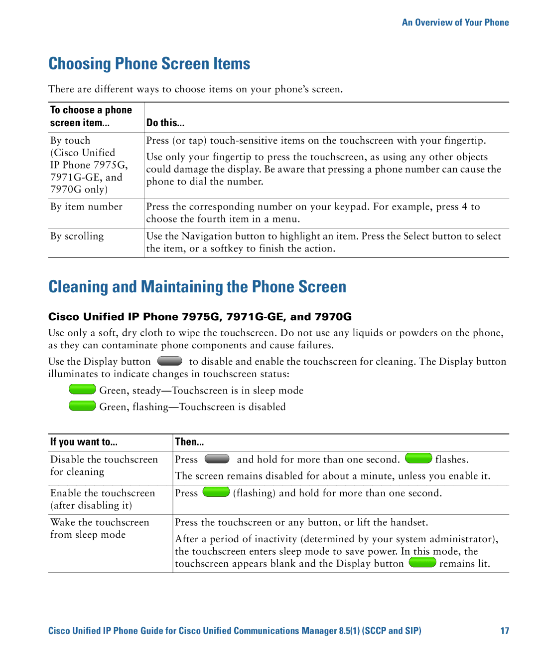 Cisco Systems 7975G manual Choosing Phone Screen Items, Cleaning and Maintaining the Phone Screen, Screen item Do this 