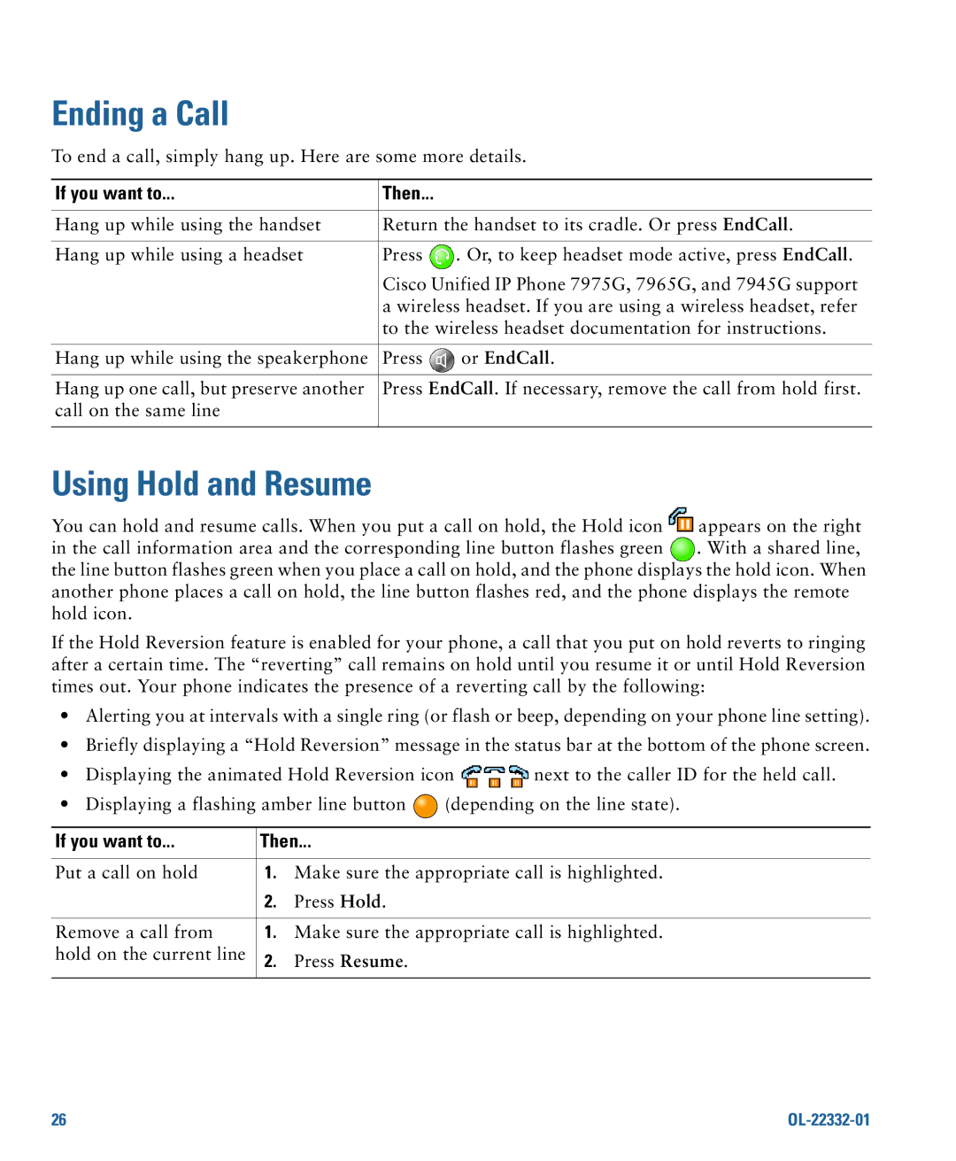 Cisco Systems 7975G manual Ending a Call, Using Hold and Resume, Or EndCall 