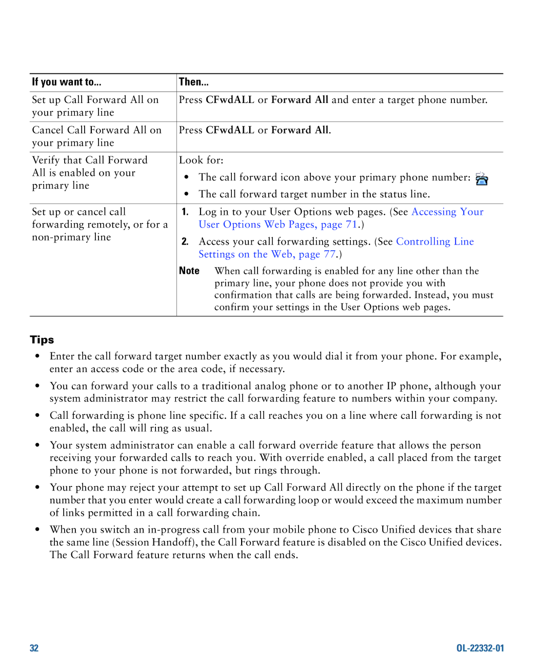 Cisco Systems 7975G manual Press CFwdALL or Forward All, User Options Web Pages, Settings on the Web 