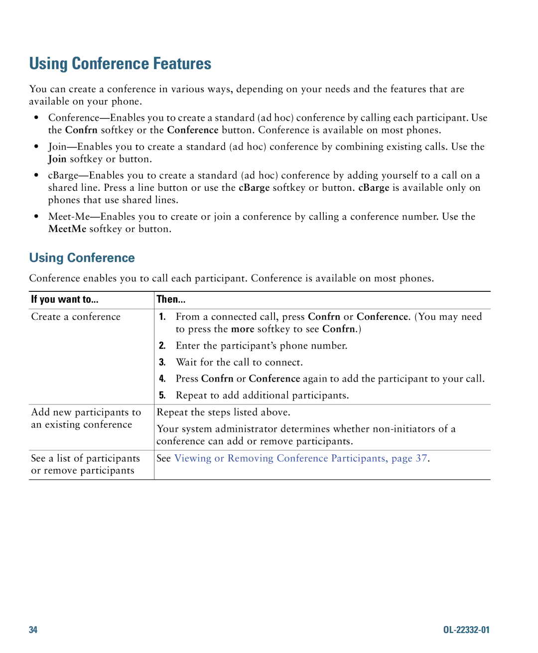 Cisco Systems 7975G manual Using Conference Features, See Viewing or Removing Conference Participants 