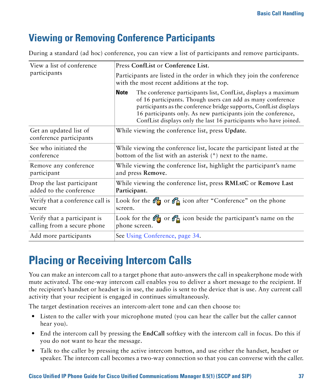 Cisco Systems 7975G Placing or Receiving Intercom Calls, Viewing or Removing Conference Participants, See Using Conference 