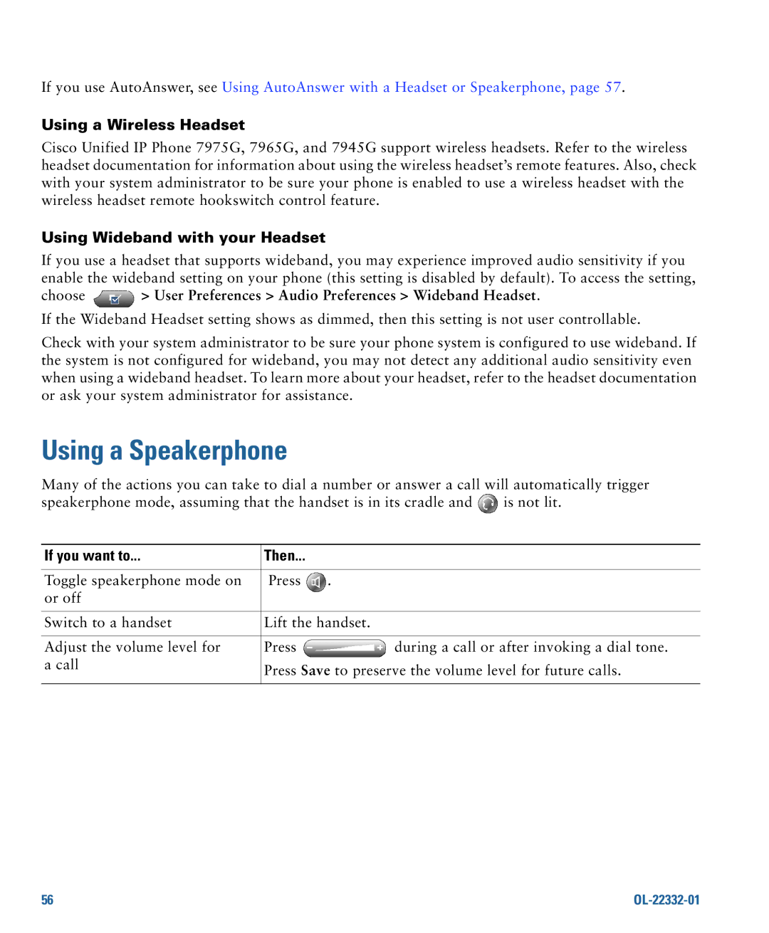 Cisco Systems 7975G manual Using a Speakerphone, Using a Wireless Headset, Using Wideband with your Headset 