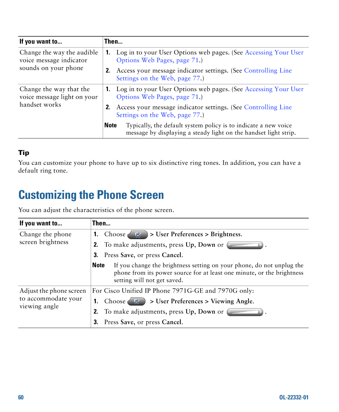 Cisco Systems 7975G manual Customizing the Phone Screen, Options Web Pages, User Preferences Brightness 