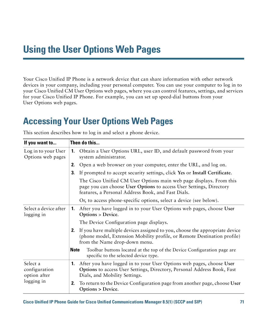 Cisco Systems 7975G Using the User Options Web Pages, Accessing Your User Options Web Pages, If you want to Then do this 