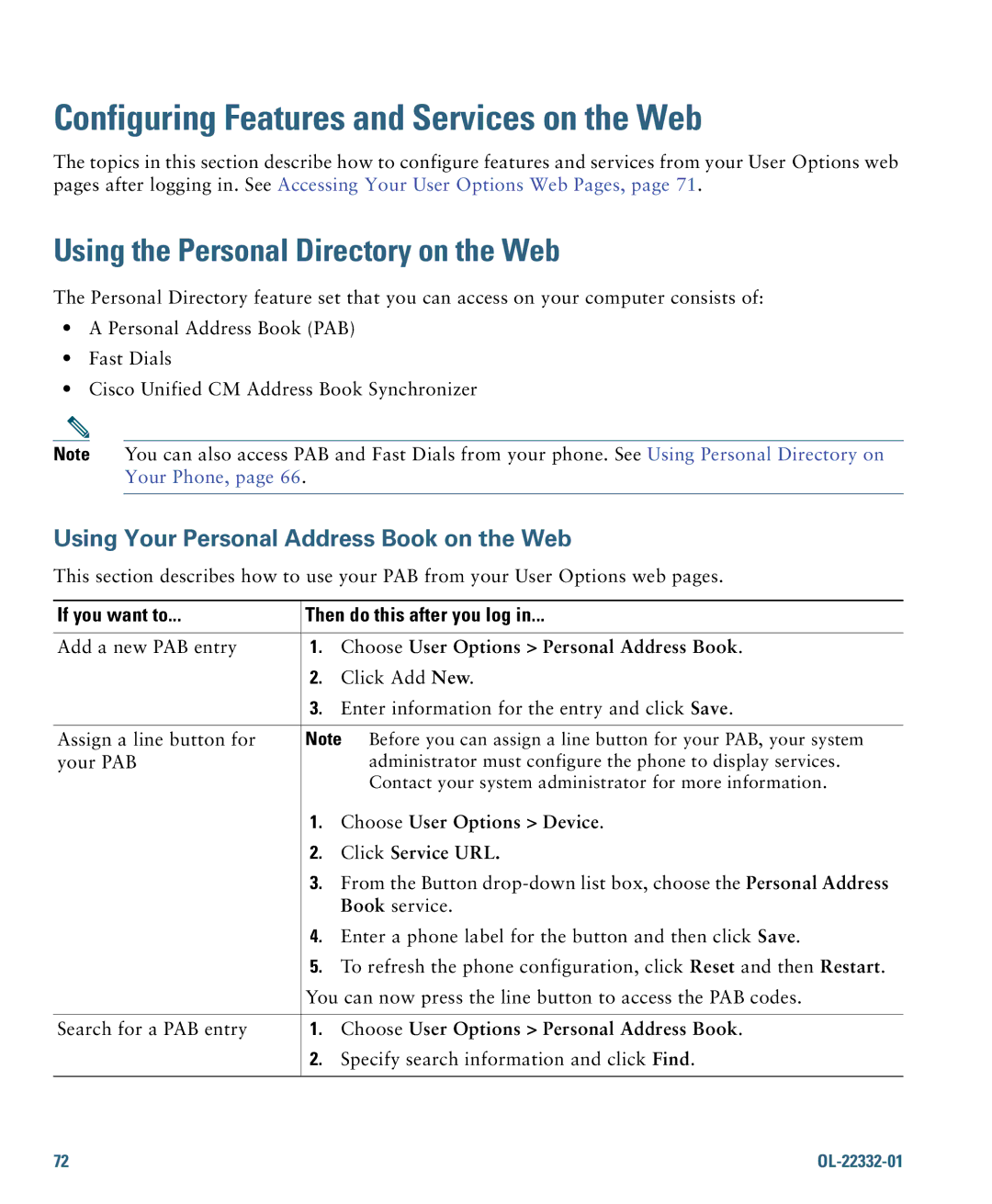 Cisco Systems 7975G manual Configuring Features and Services on the Web, Using the Personal Directory on the Web 