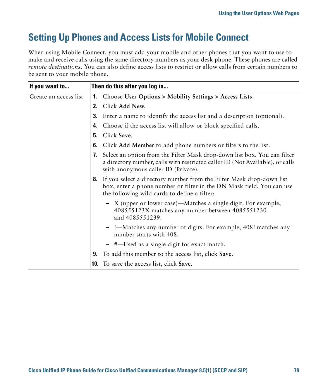 Cisco Systems 7975G manual Setting Up Phones and Access Lists for Mobile Connect 