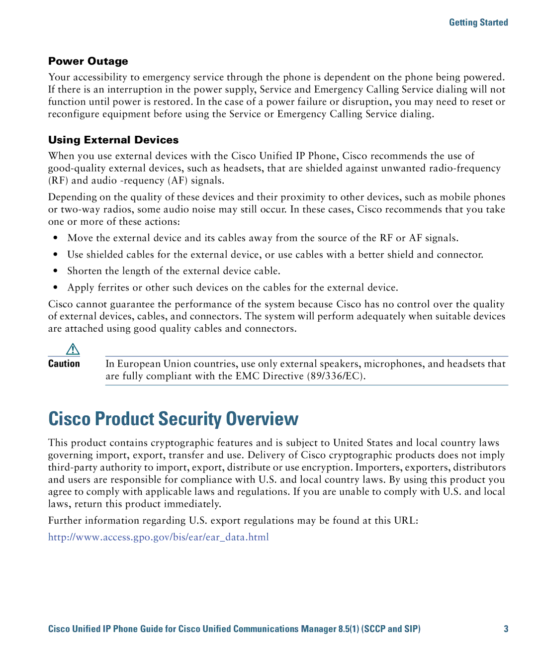 Cisco Systems 7975G manual Cisco Product Security Overview, Power Outage, Using External Devices 