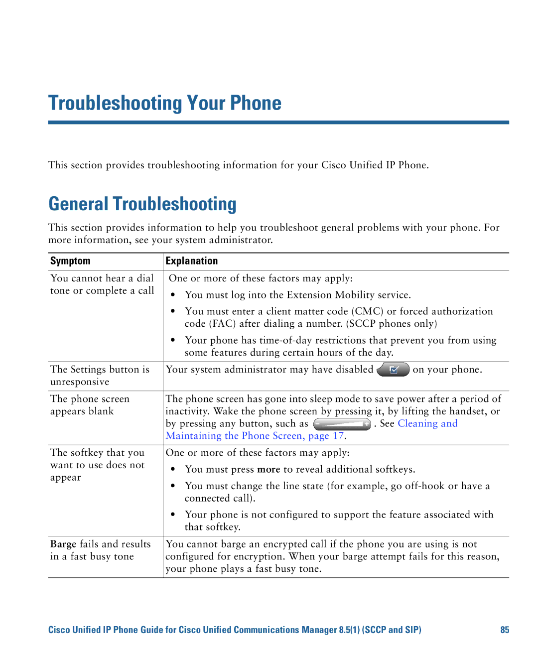 Cisco Systems 7975G manual Troubleshooting Your Phone, General Troubleshooting, Symptom Explanation, See Cleaning 