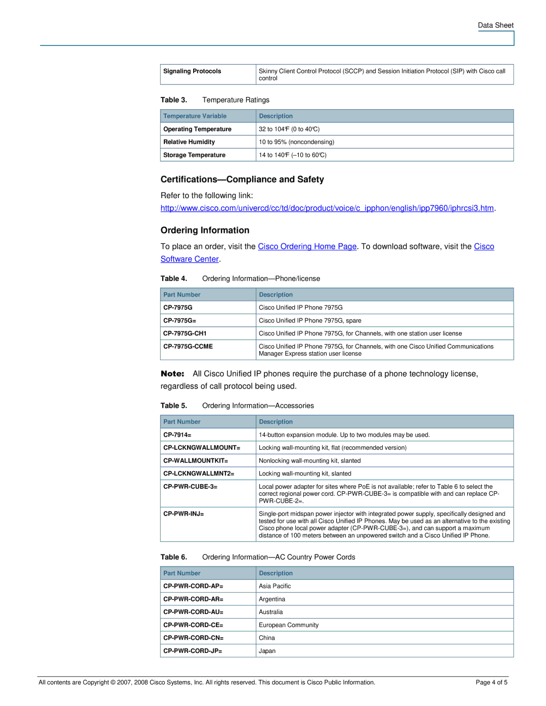 Cisco Systems 7975G manual Certifications-Compliance and Safety, Ordering Information, Temperature Ratings 