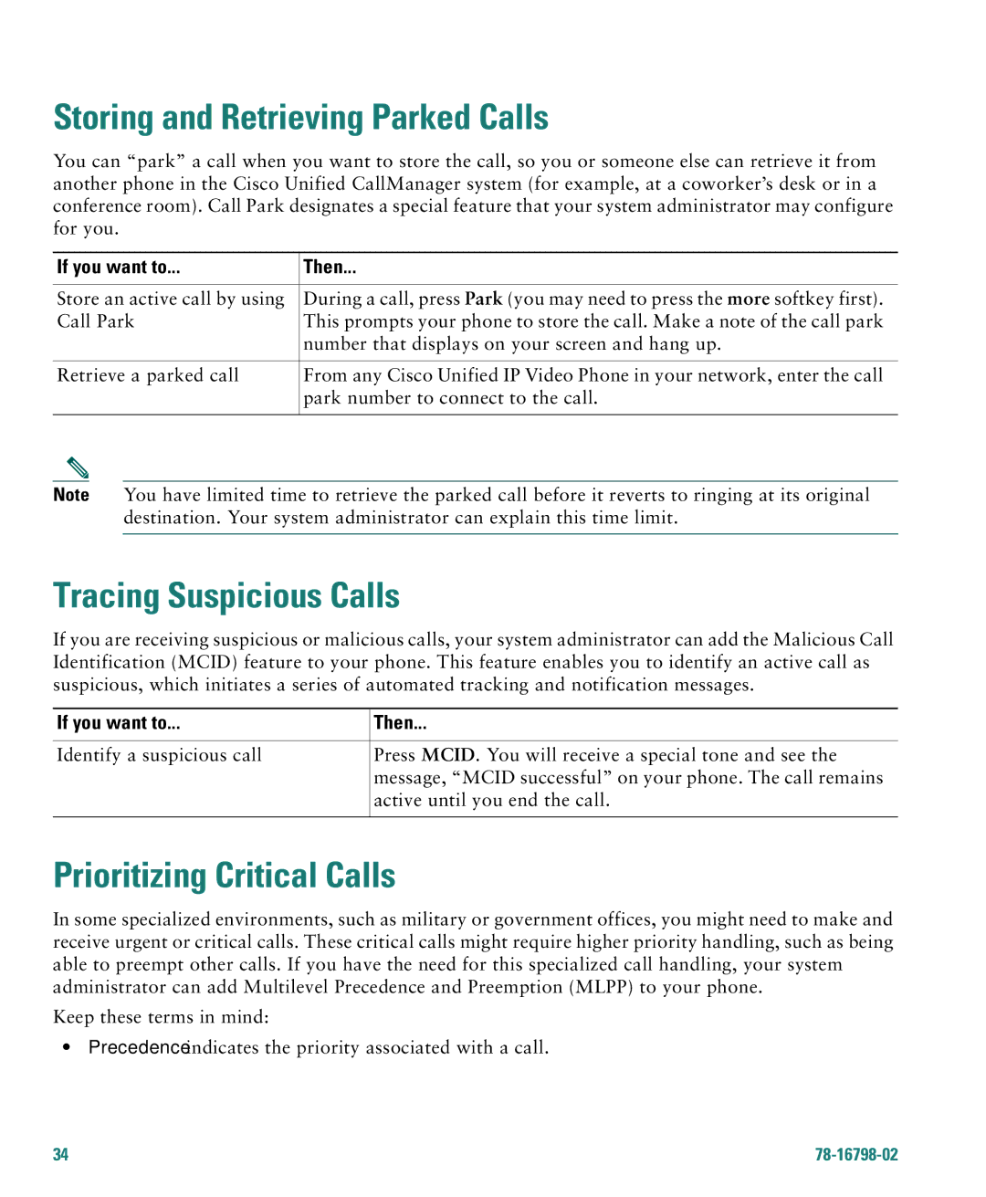 Cisco Systems 7985G warranty Storing and Retrieving Parked Calls, Tracing Suspicious Calls, Prioritizing Critical Calls 