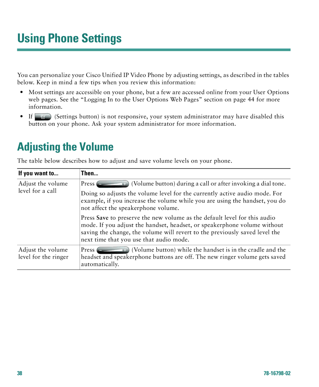 Cisco Systems 7985G warranty Using Phone Settings, Adjusting the Volume 