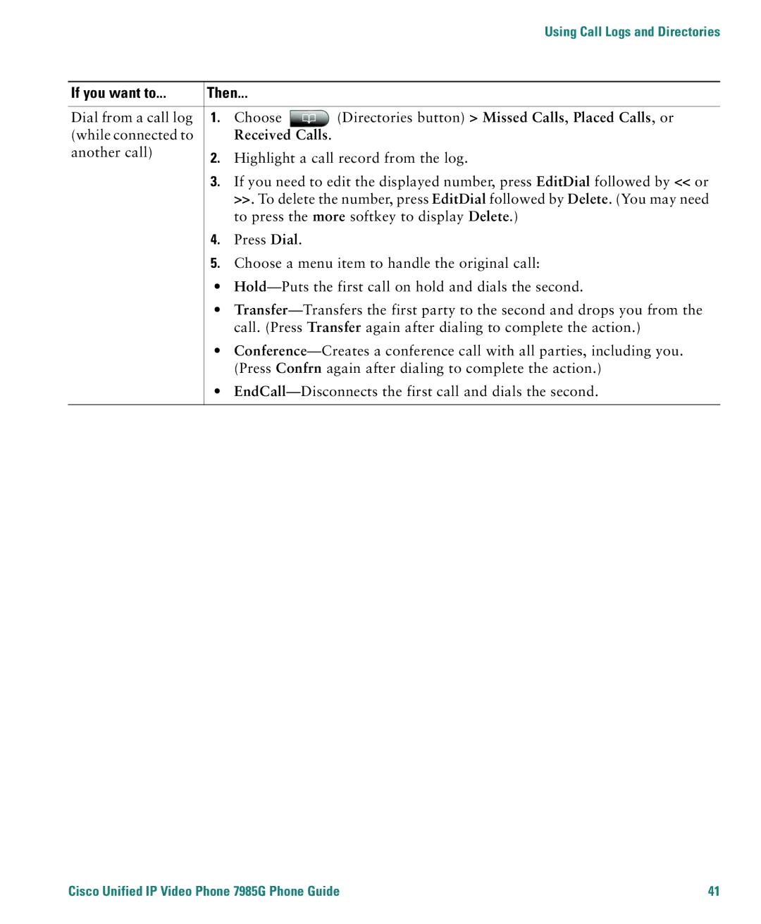 Cisco Systems 7985G warranty Using Call Logs and Directories 