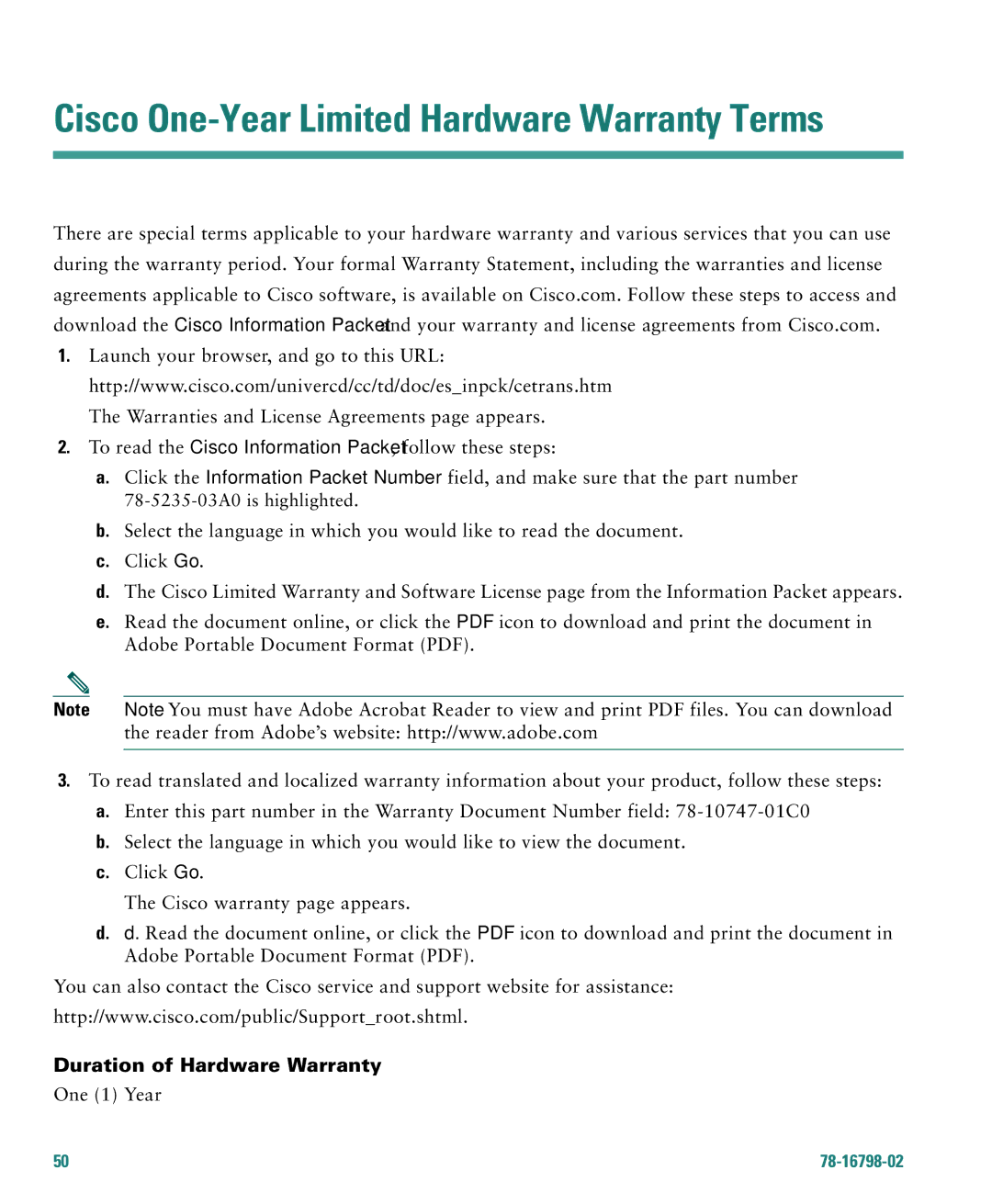 Cisco Systems 7985G warranty Cisco One-Year Limited Hardware Warranty Terms, Duration of Hardware Warranty 