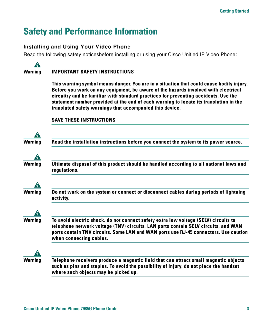 Cisco Systems 7985G warranty Safety and Performance Information, Installing and Using Your Video Phone 