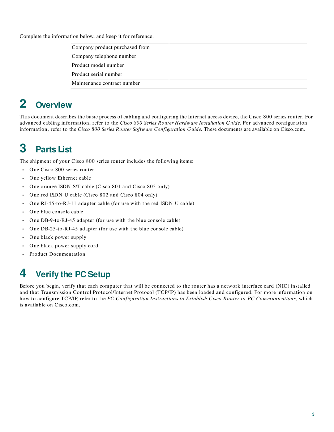 Cisco Systems 800 Series quick start Overview, Parts List, Verify the PC Setup 