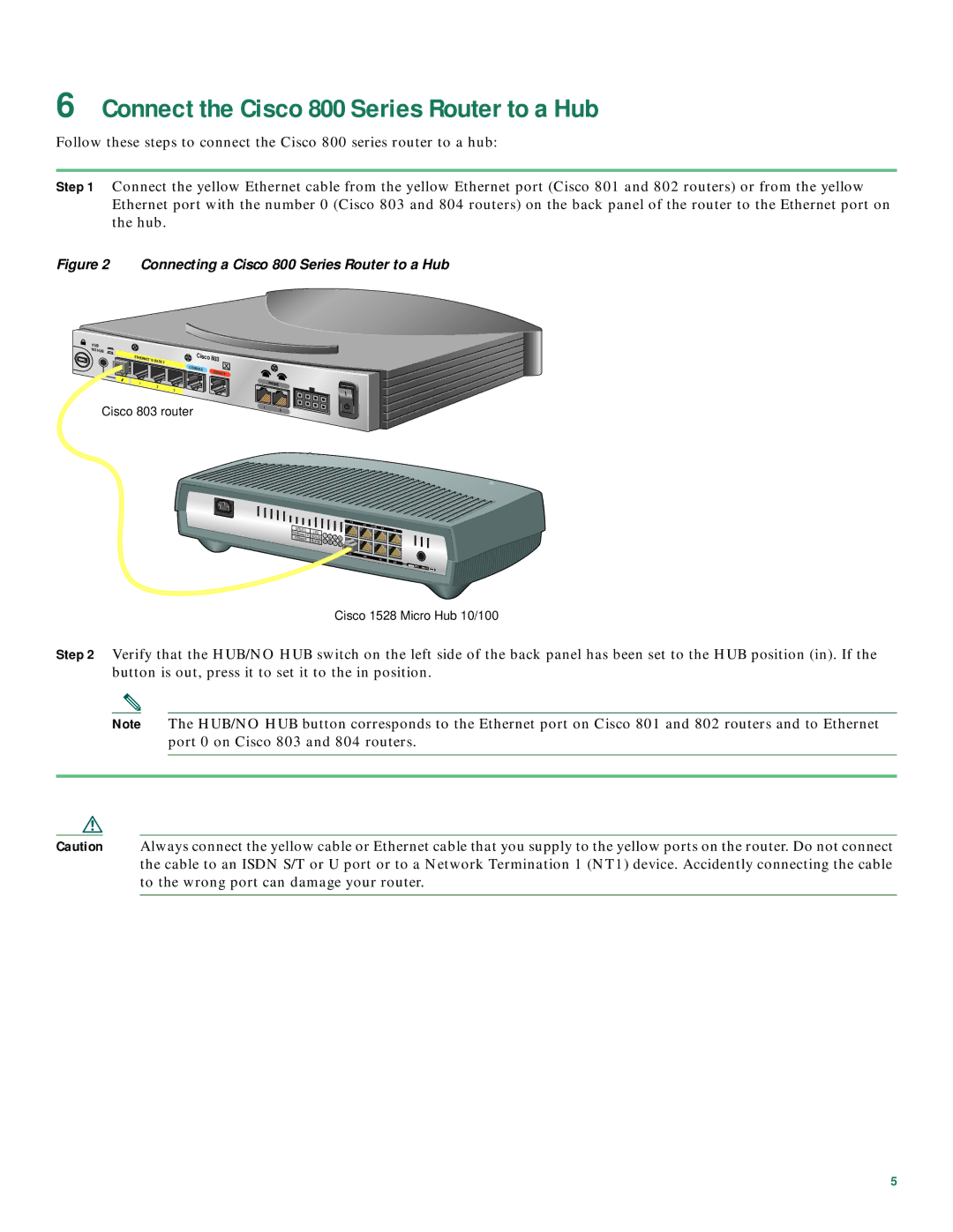 Cisco Systems quick start Connect the Cisco 800 Series Router to a Hub, Connecting a Cisco 800 Series Router to a Hub 