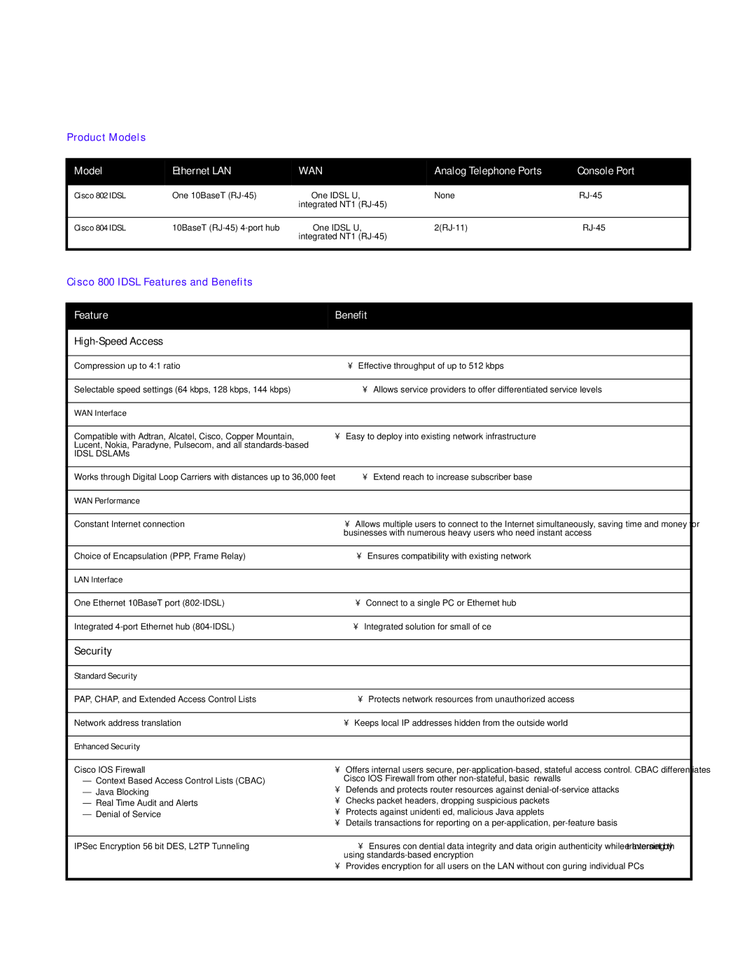 Cisco Systems 800 manual Product Models, Model Ethernet LAN, Analog Telephone Ports Console Port, Feature Beneﬁt 