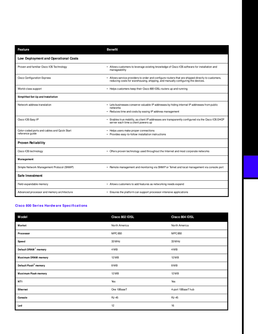 Cisco Systems 800 manual Low Deployment and Operational Costs, Proven Reliability, Safe Investment 