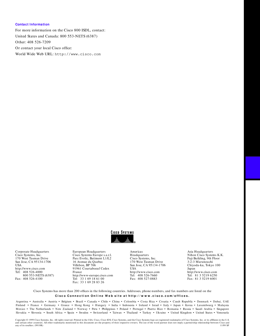 Cisco Systems 800 manual Contact Information, Headquarters 