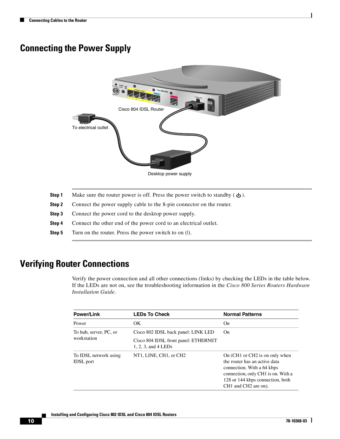 Cisco Systems 802, 804 manual Connecting the Power Supply, Verifying Router Connections 