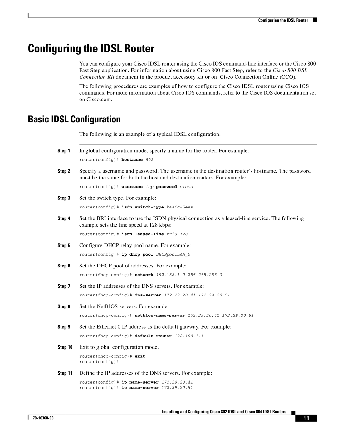 Cisco Systems 804, 802 manual Configuring the Idsl Router, Basic Idsl Configuration 