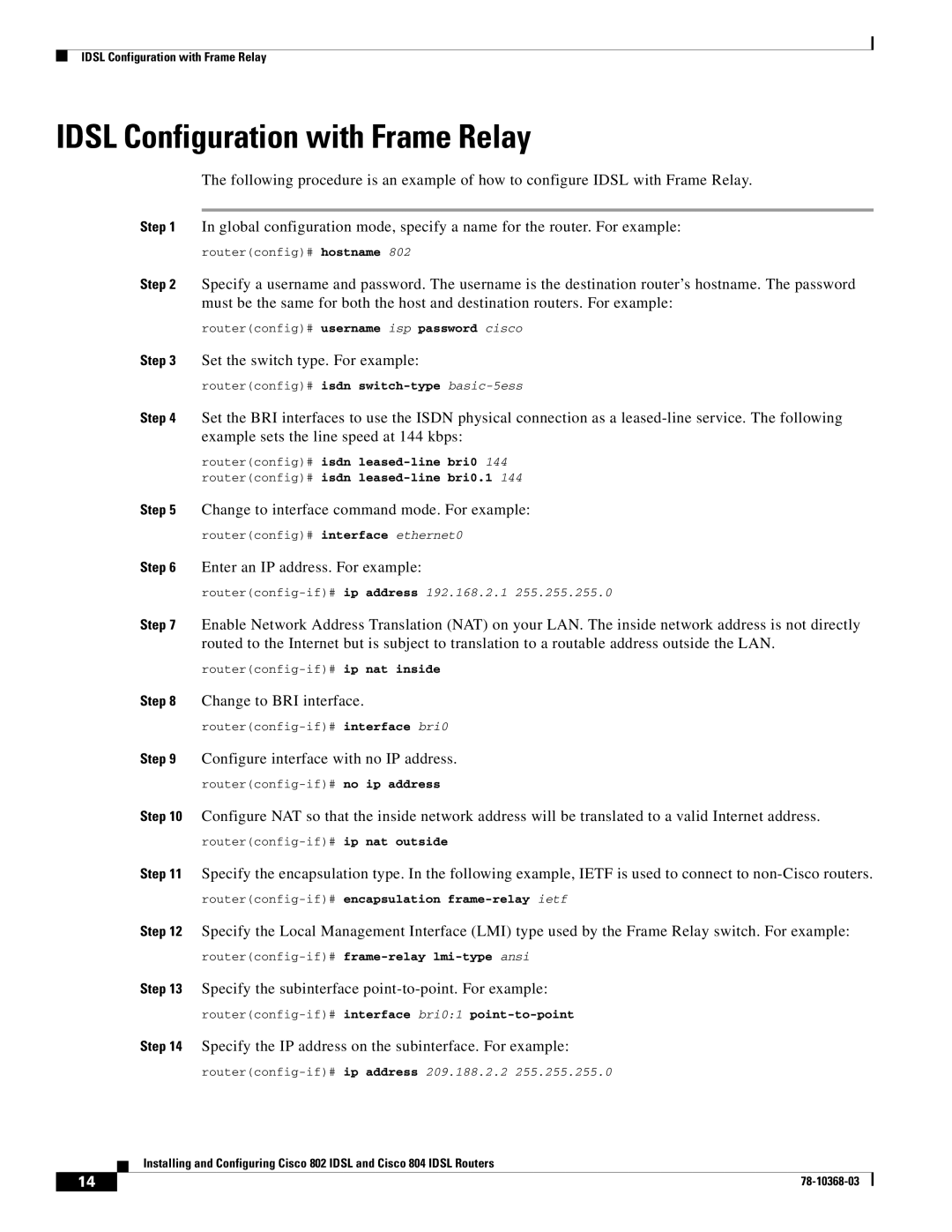 Cisco Systems 802, 804 manual Idsl Configuration with Frame Relay 