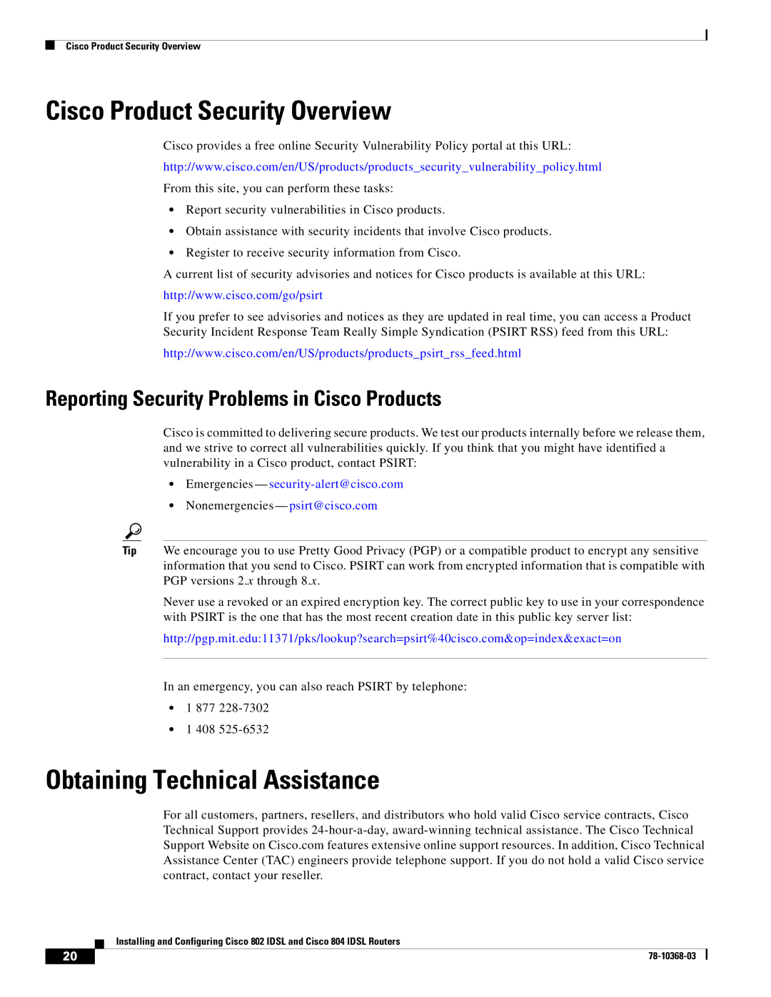 Cisco Systems 802, 804 manual Cisco Product Security Overview, Obtaining Technical Assistance 