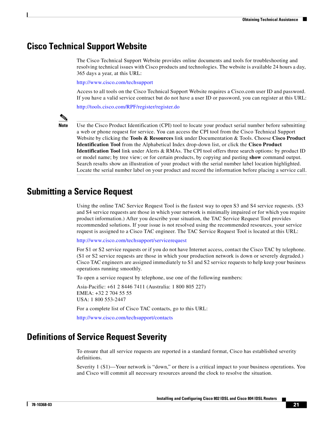 Cisco Systems 804 Cisco Technical Support Website, Submitting a Service Request, Definitions of Service Request Severity 
