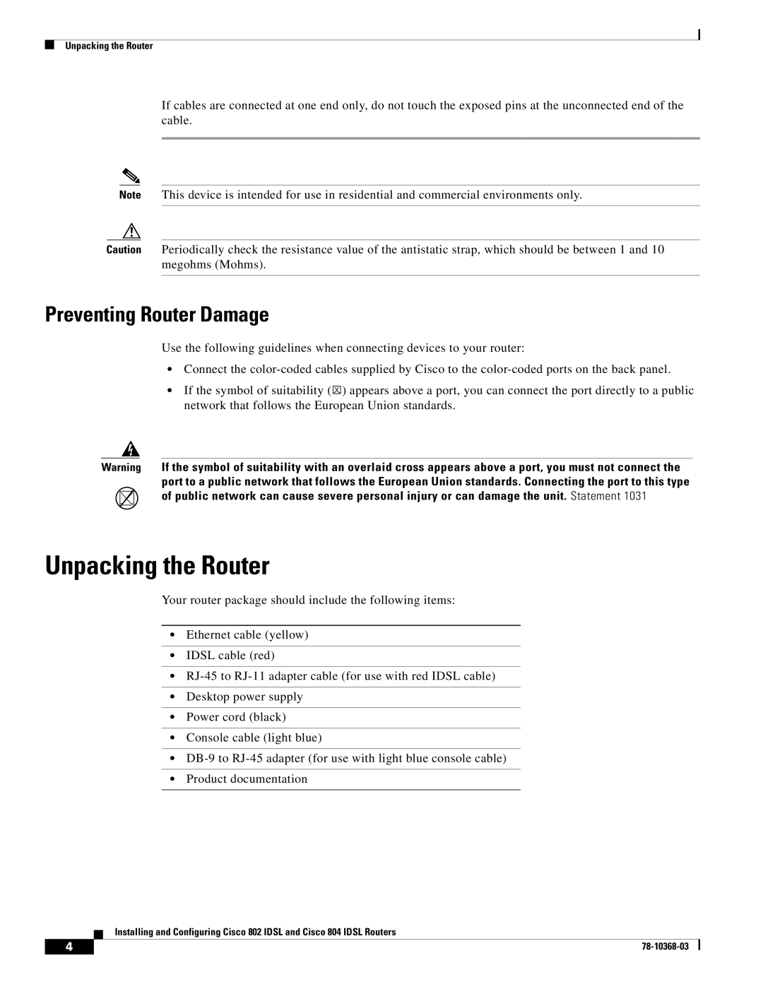 Cisco Systems 802, 804 manual Unpacking the Router, Preventing Router Damage 