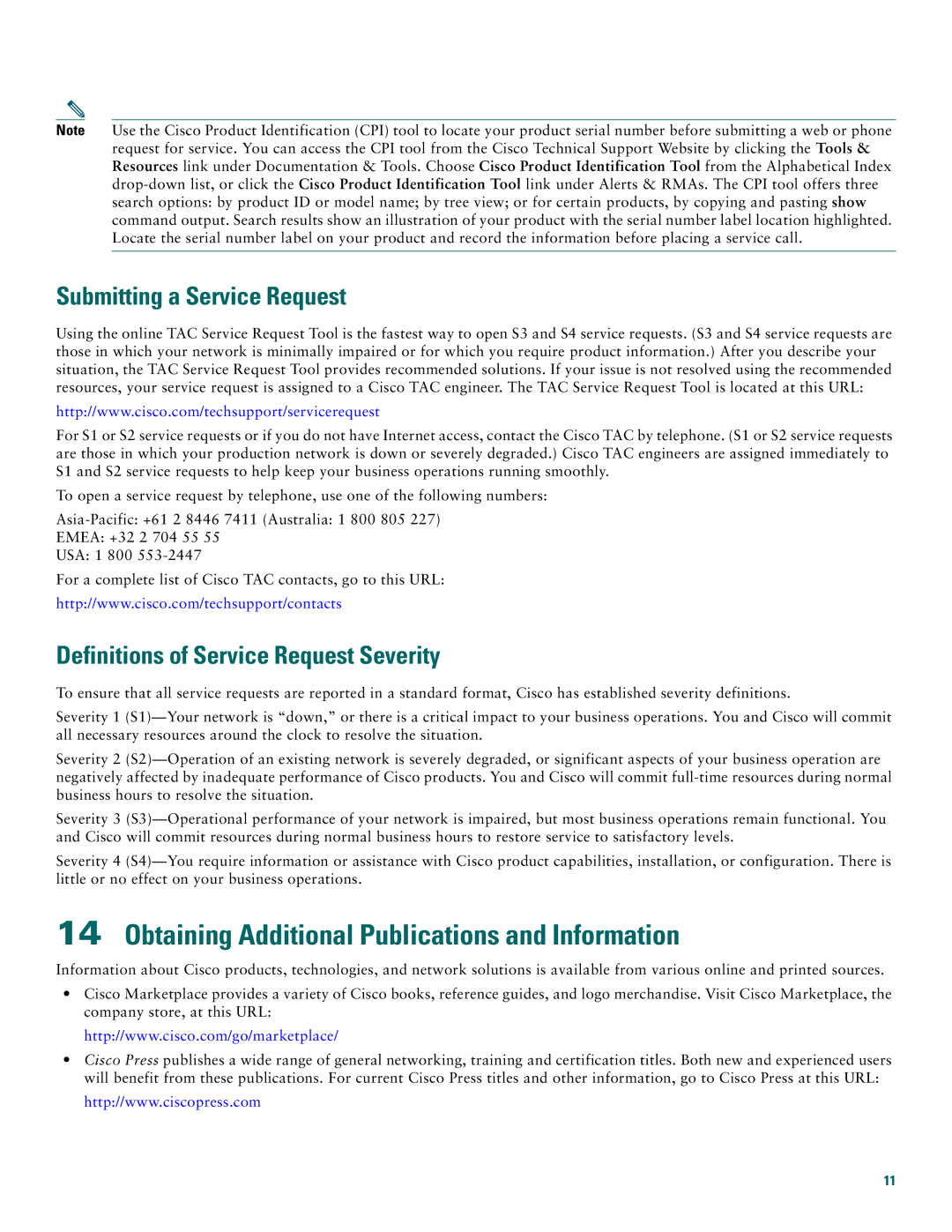 Cisco Systems 805 Series quick start Obtaining Additional Publications and Information, Submitting a Service Request 