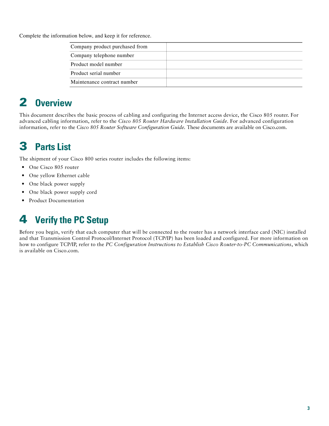 Cisco Systems 805 Series quick start Overview, Parts List, Verify the PC Setup 