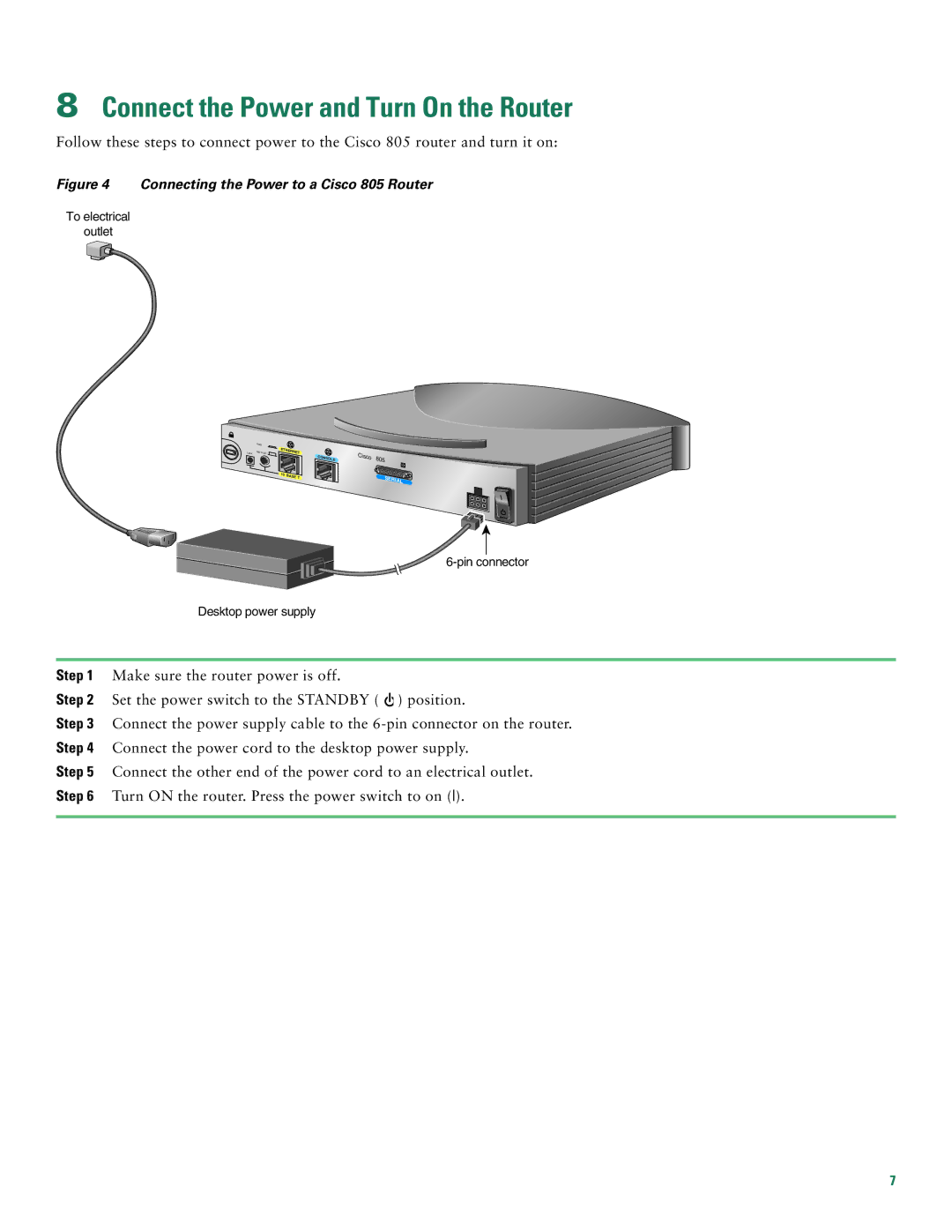 Cisco Systems 805 Series quick start Connect the Power and Turn On the Router, Connecting the Power to a Cisco 805 Router 