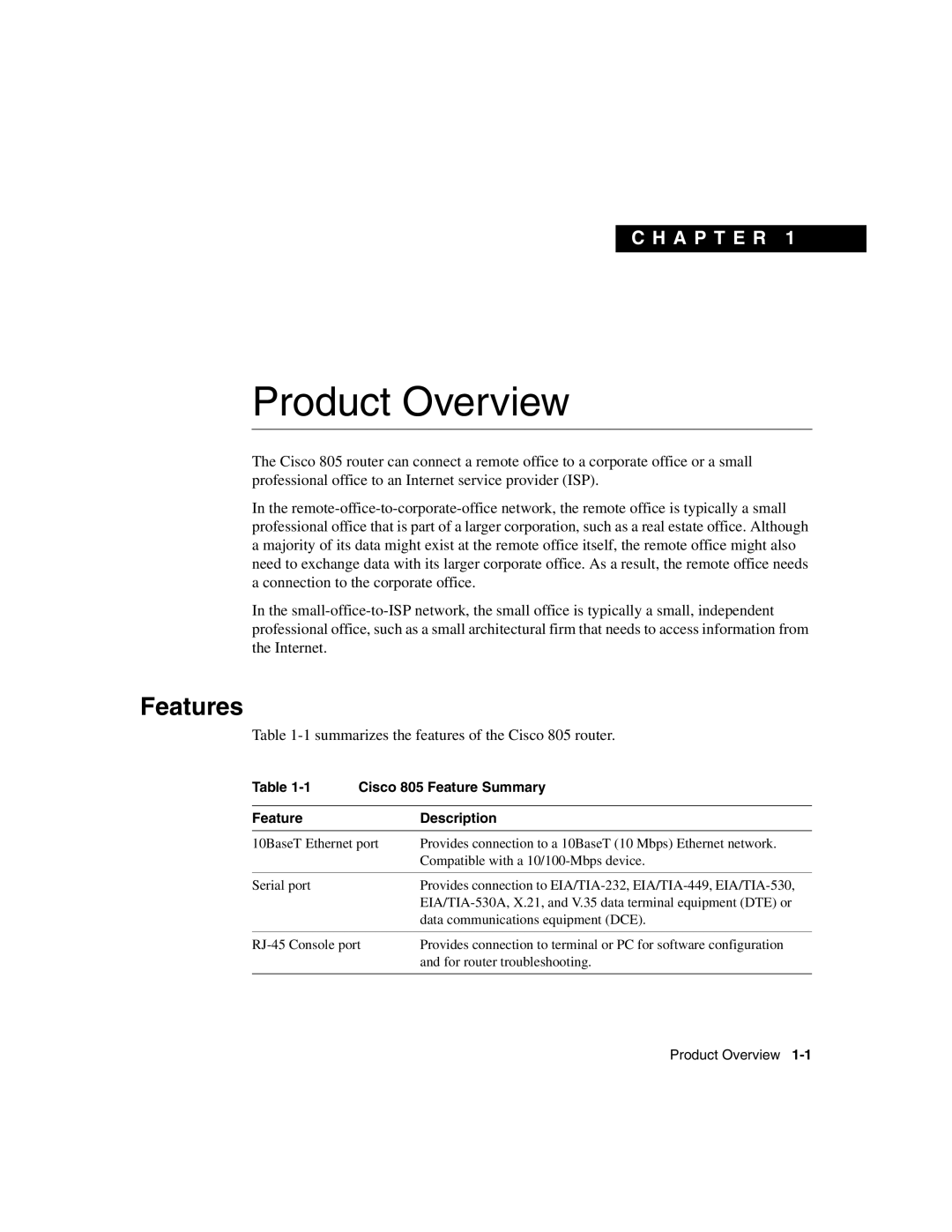 Cisco Systems manual Product Overview, Features, Cisco 805 Feature Summary, Feature Description 